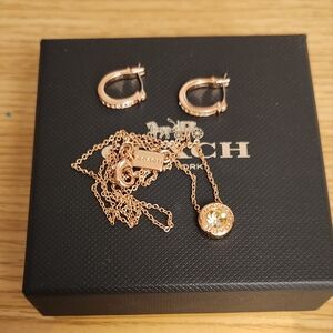 Coach rose gold necklace and huggie earrings